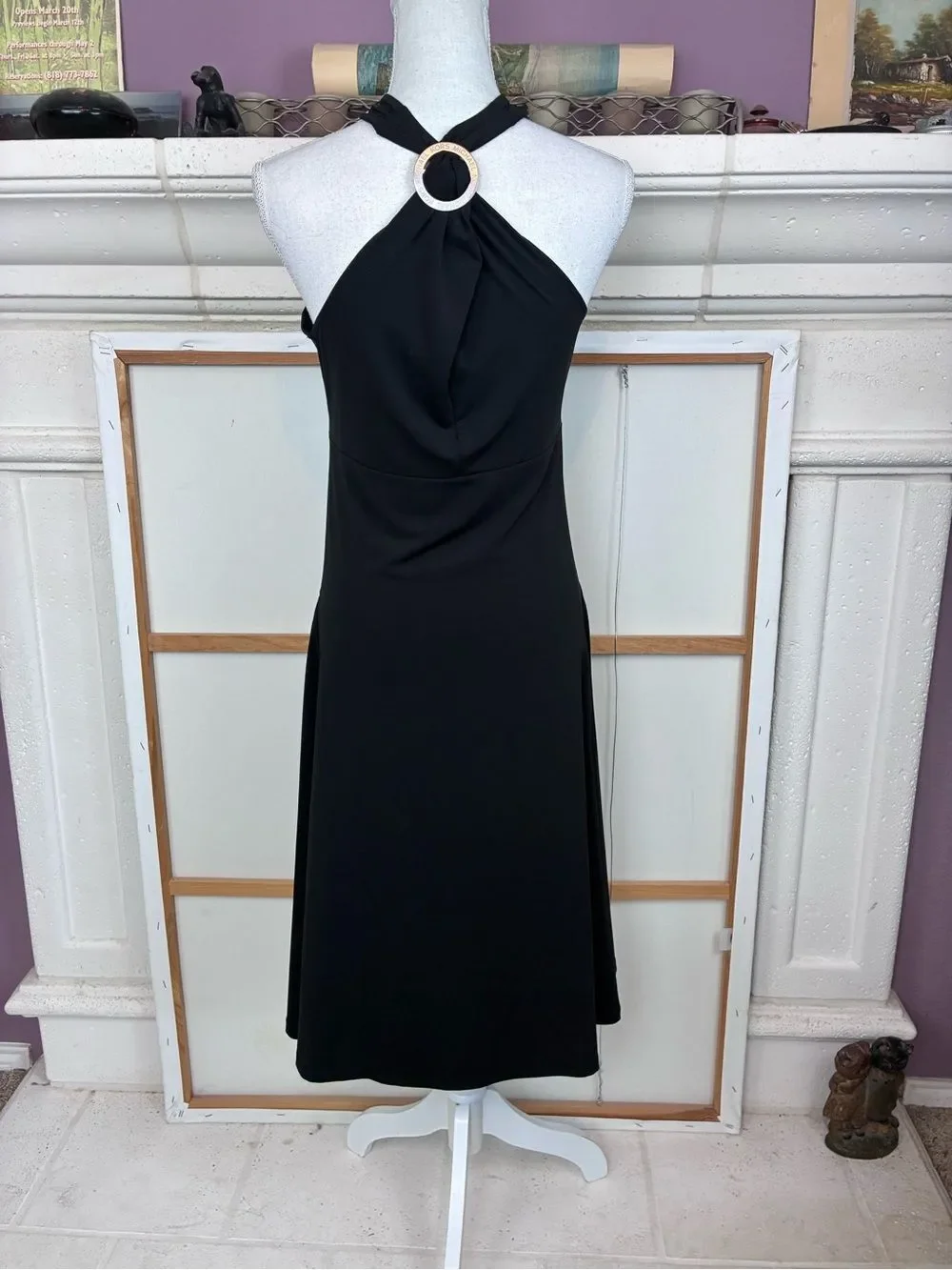 Michael Kors Black Cross-Neck TBack Midi Dress w/ Logo Buckle